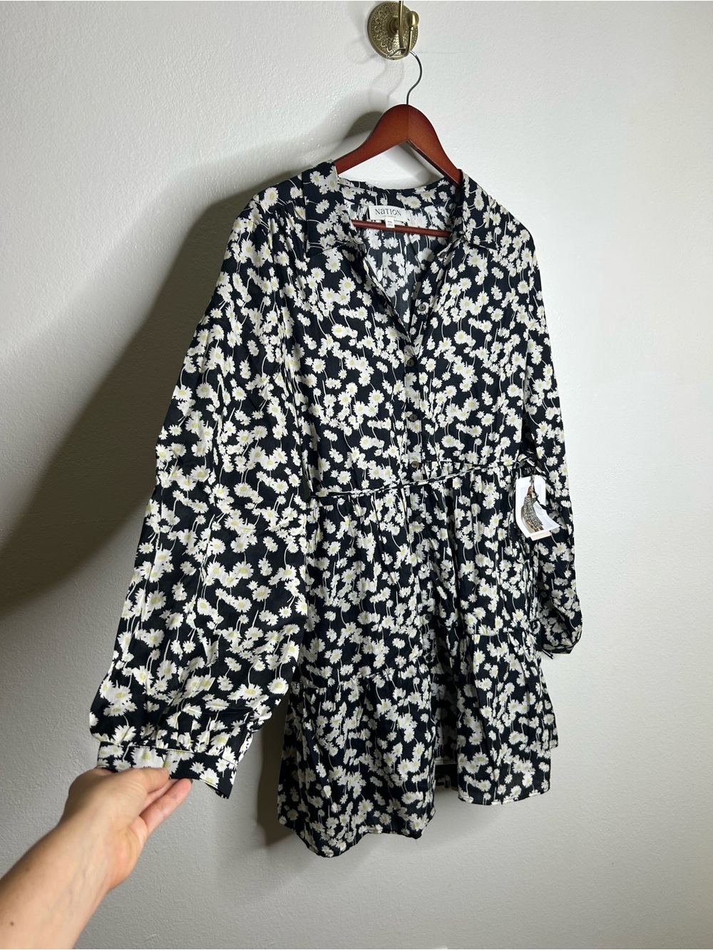 NWT Nation LA 100% Organic Cotton Black Daisy Floral Printed Cinch Waist Dress